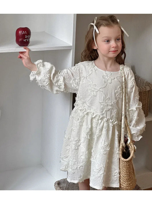 2024 Round Collar Puff Sleeve Girls Casual Dresses Korean Flower Spring Clothing