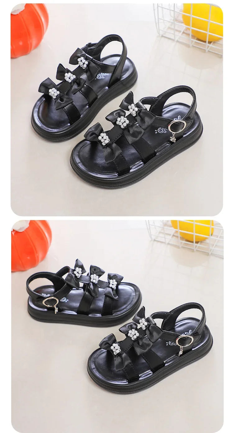 Girls Beach Shoes with Sweet Bows Soft Sole Kids Sandals Versatile 2025 Summer New Children Princess Shoes