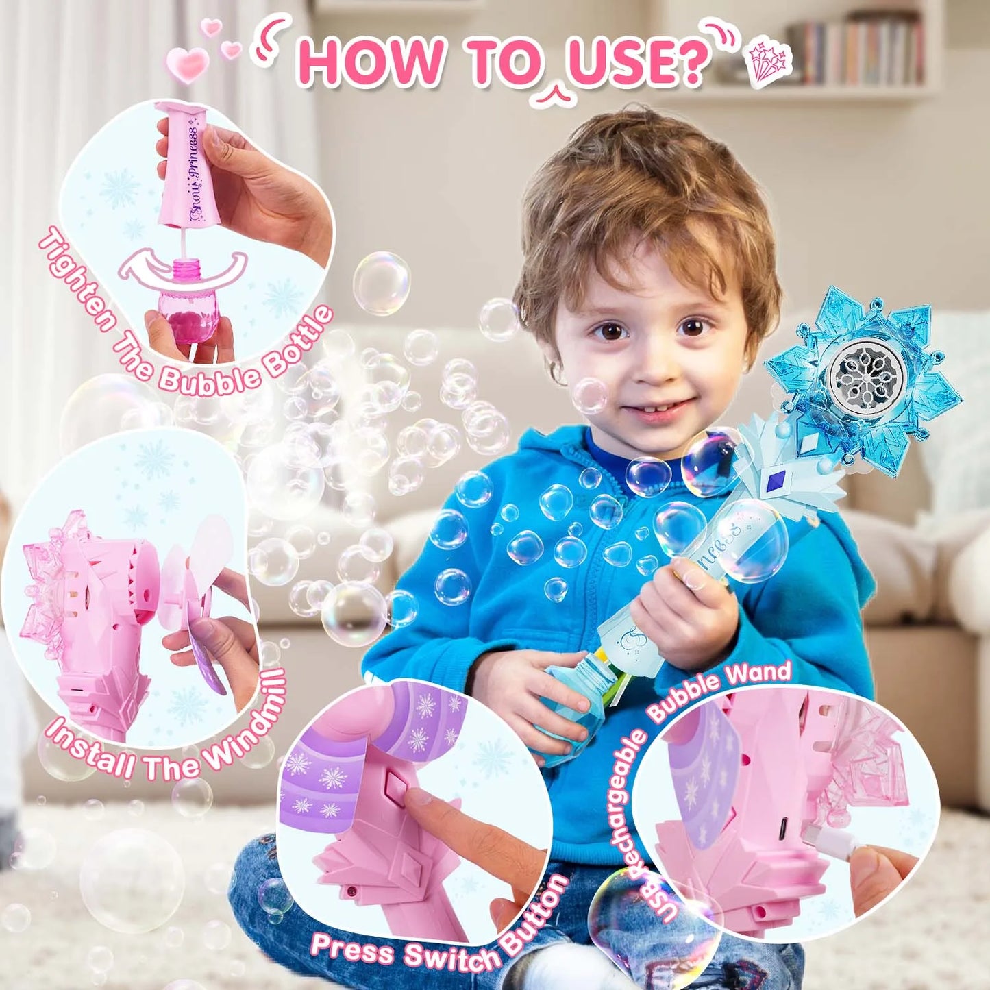 VATOS Recharge Bubble Wand X2 for Kids Girls Boys LED Electric Auto Snowflake Bubble