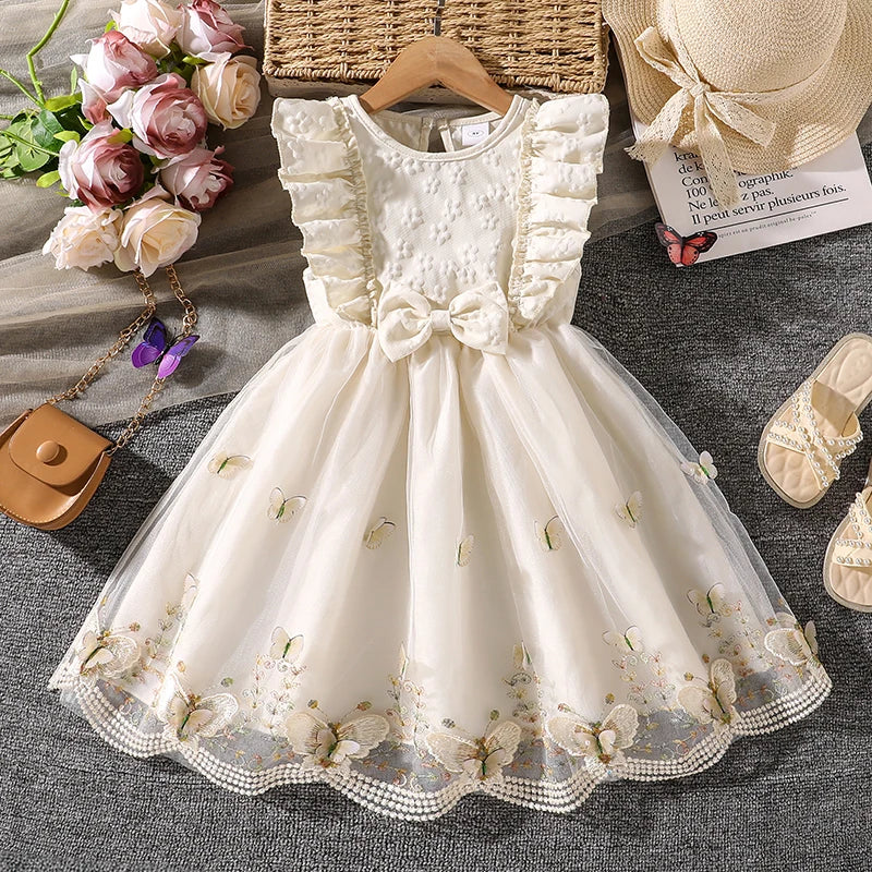 Dress For Girls Yellow O-Neck Fly-Sleeve Tulle Bowknot