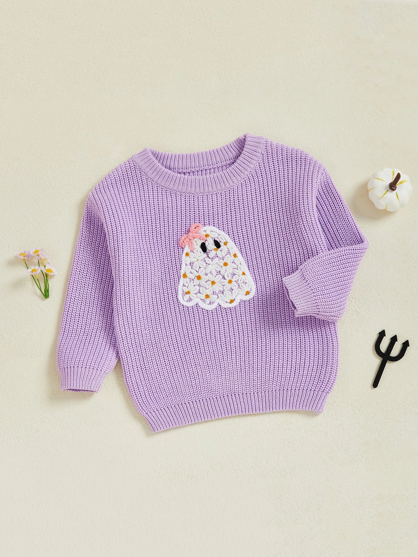 Kimberly Girl Halloween Sweater Long Sleeve Round Neck Ghost