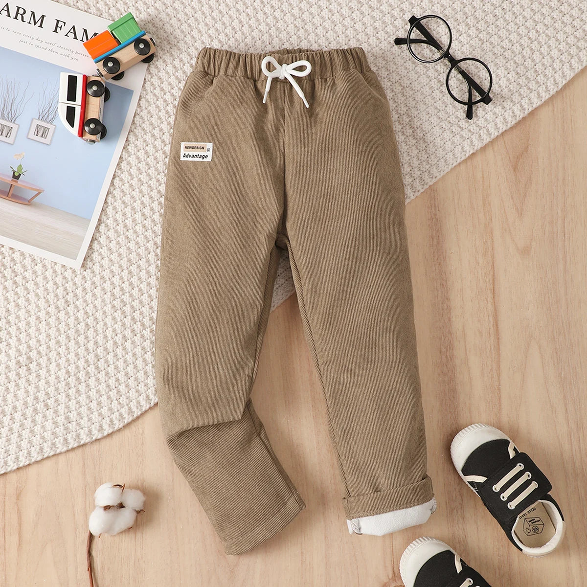 Izan Kid's Casual Corduroy Pants Label Patched Elastic Waist