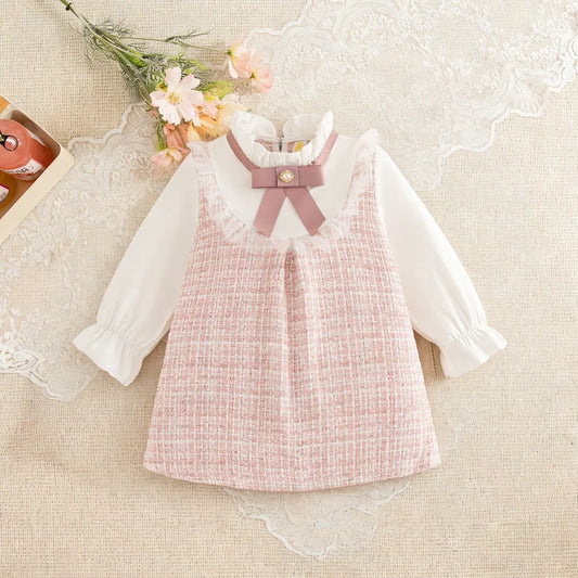 Baby Girl Dresses Spring/Fall Bow-Tie Plaid Long-Sleeve Girls' Dress Adorable Princess Baby Dress