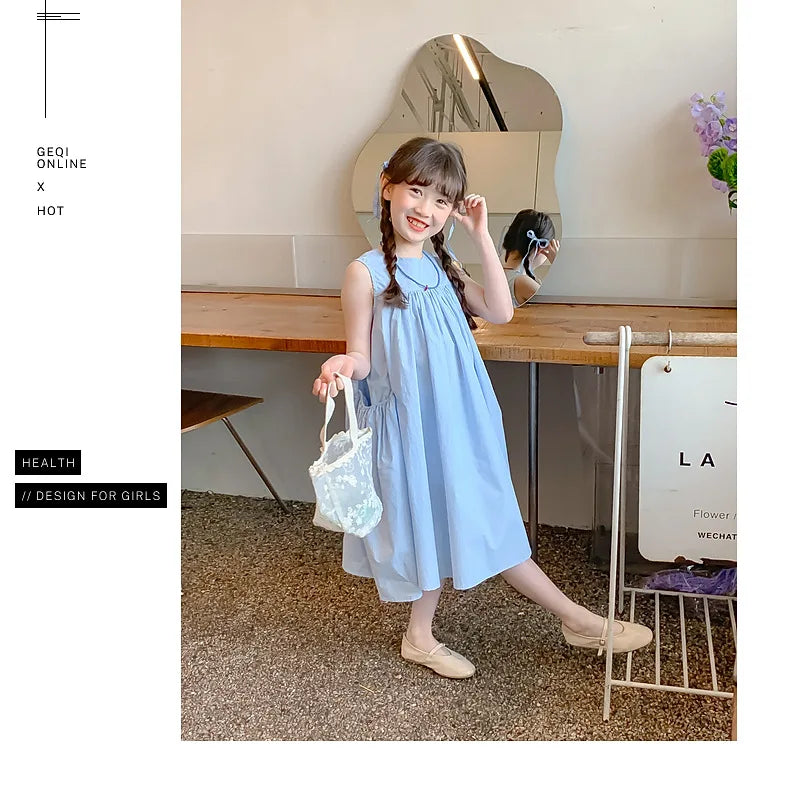 Ana Summer Junior Girl Sleeveless Dress Solid Side Cotton Dress