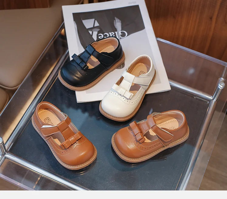 Girl's Bow Princess Shoes Leather Shoes 2026 Spring New Fashion Soft Sole Children's Single Shoes Soft Sole T-strap Kids Shoes