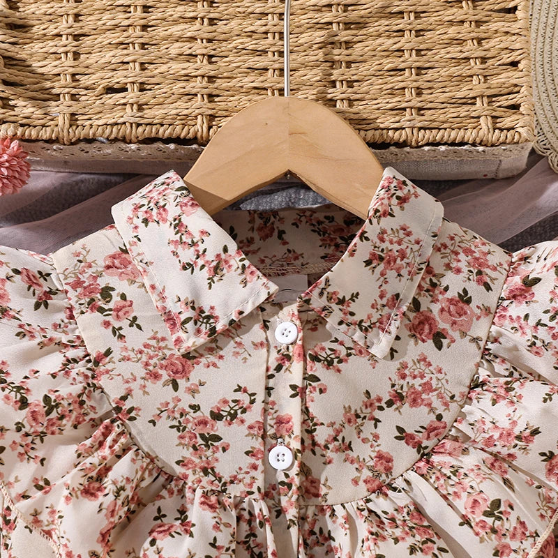 Girls' Peasant Style Dress 8-12 Years Floral Print Lapel Pink Mesh Hem Sweet Elegant Dress