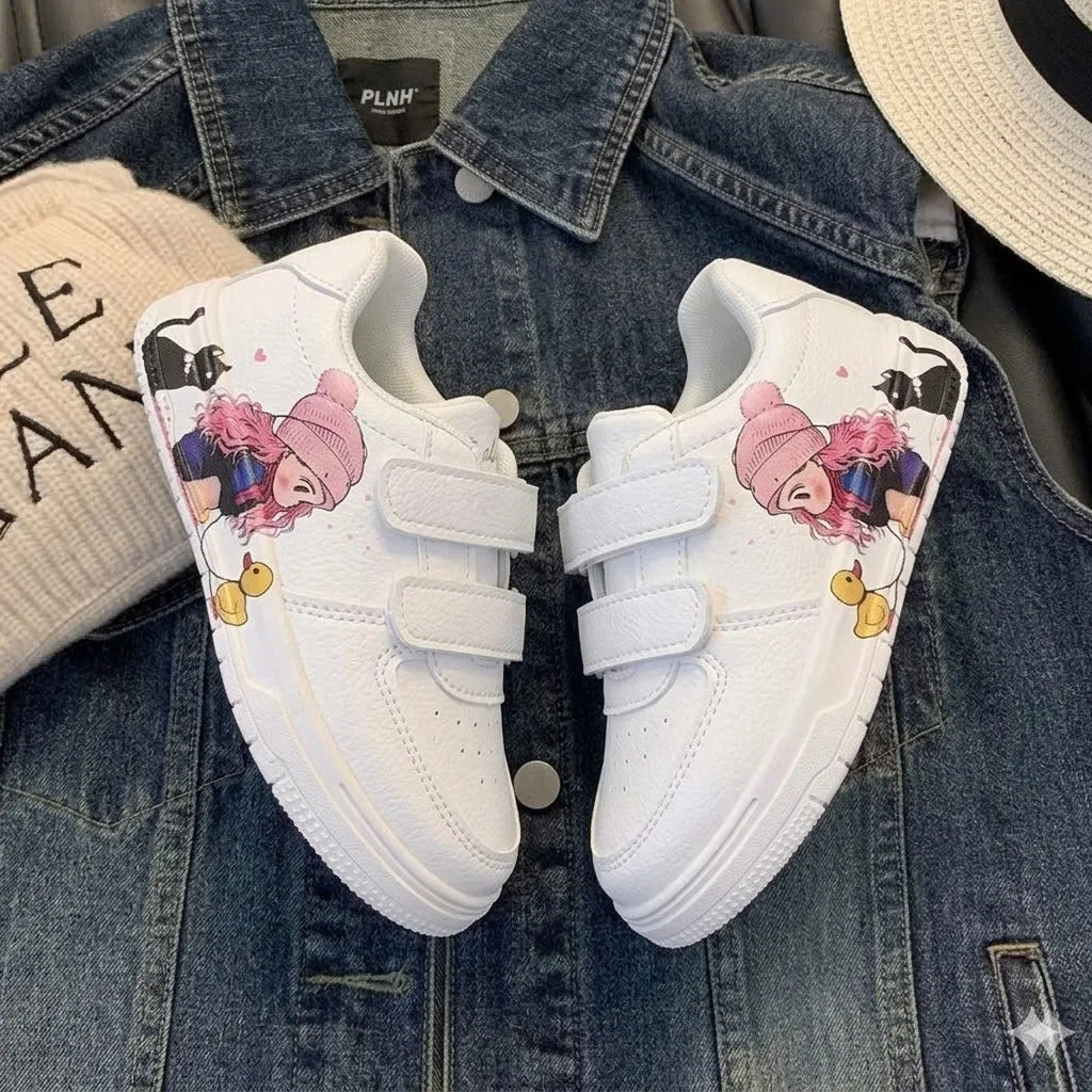 Girls White Shoes with Cartoon Girl Cat Prints Kids Casual Sneakers Fashion 2026 Spring Autumn Fashion Non-slip Classic 21-38