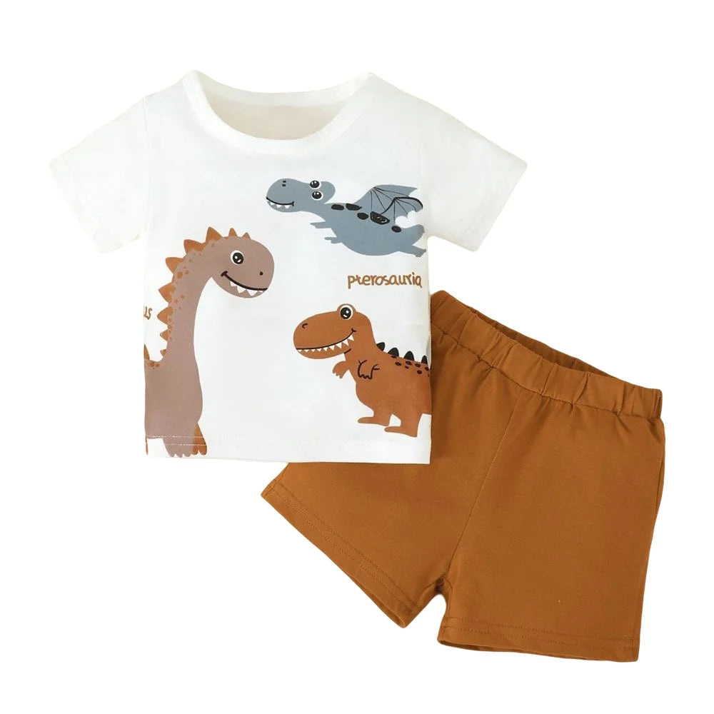 Baby Boy Dinosaur Set - White Top and Brown Shorts