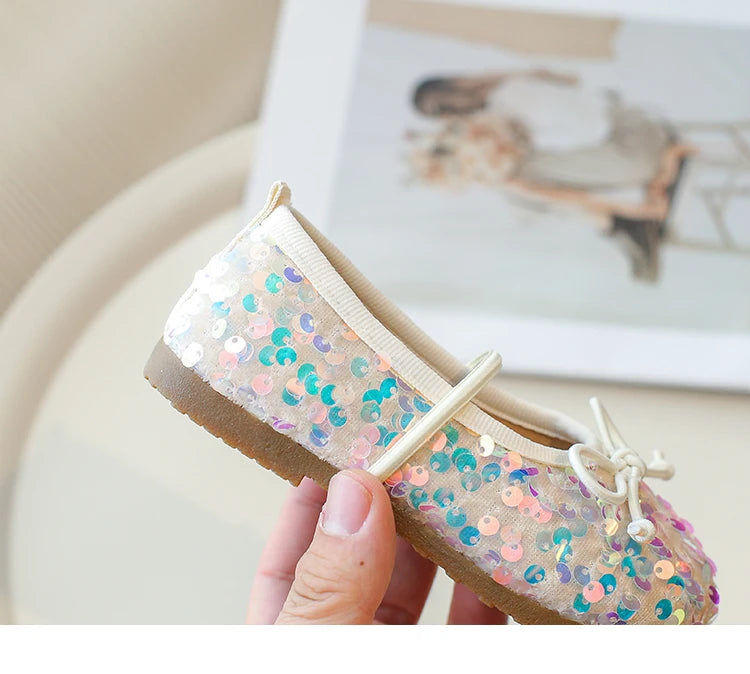 Girls' Shoes 2025 Spring New Fashion Little Girl Sequin Princess Shoes Soft Sole Girls' Shallow Mouth Single Shoes Breathable