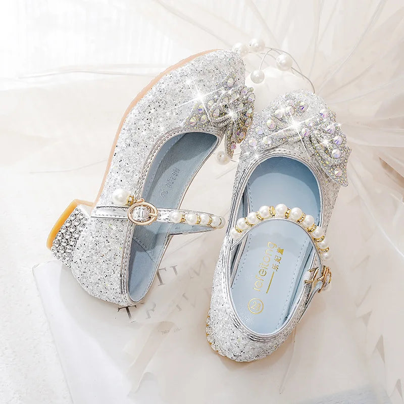 Girls' High Heels Spring New Princess Pink Glass Slipper Children's Runway Performance Shoes Fashion Non-slip Rhinodiamond Shoes