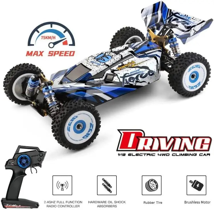 Large 1:12 brushless motor with lighting, high-speed 75km/h remote control, competitive off-road racing, 4-wheel drive, fast car
