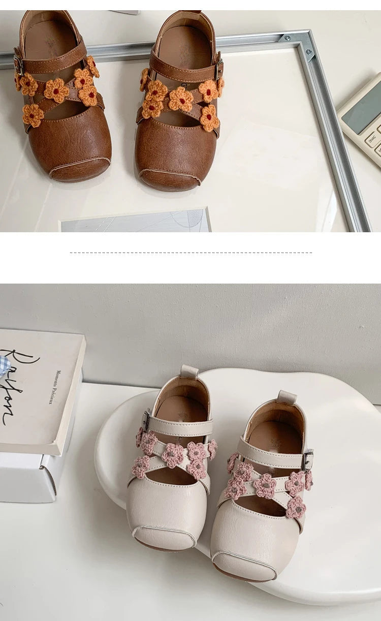 Girls Shoes New Spring Square Toe One-line Buckle Buckle Decoration Shoes Mori Girl Style Outdoor Daily Flat Children Zapatos De