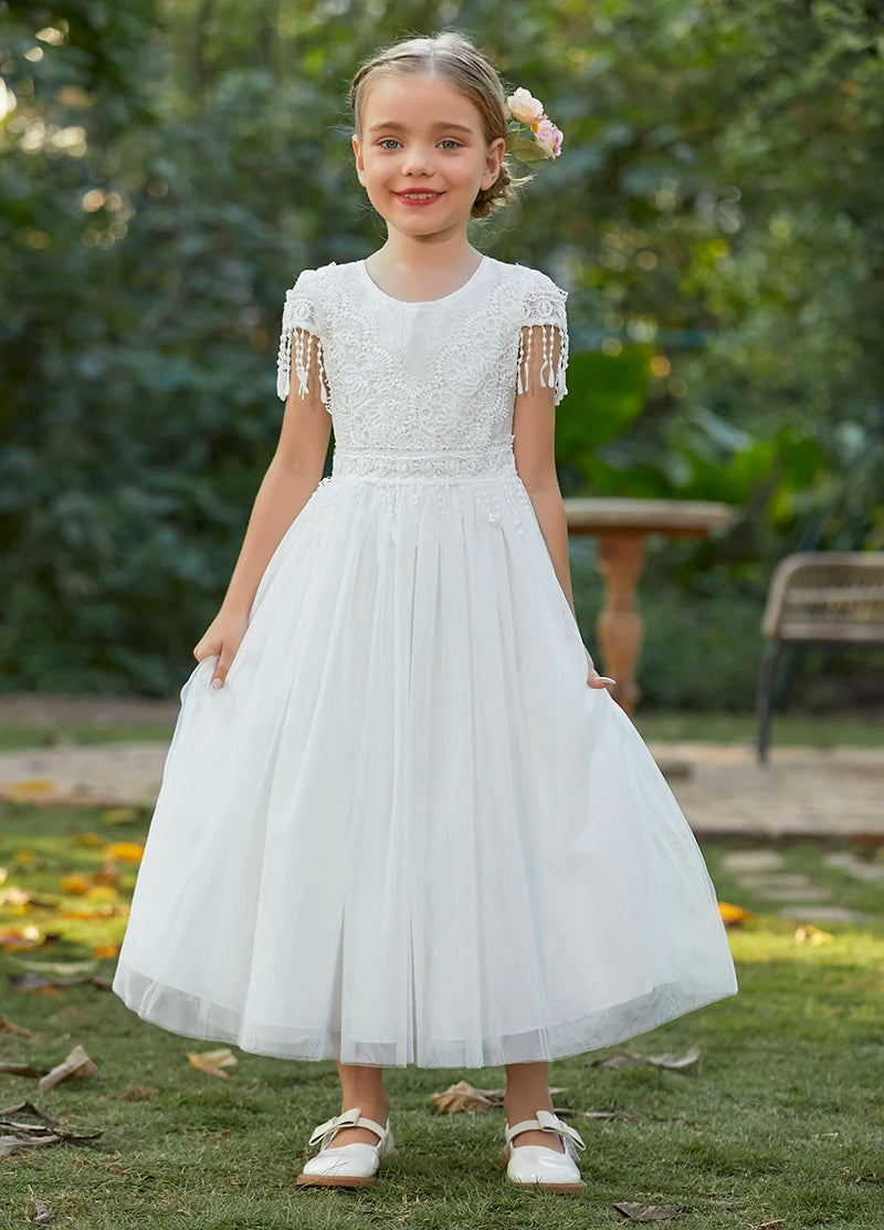 Christmas Girl's New Bohemian Style Lace Tassel Flower Backless Solid Color Dress