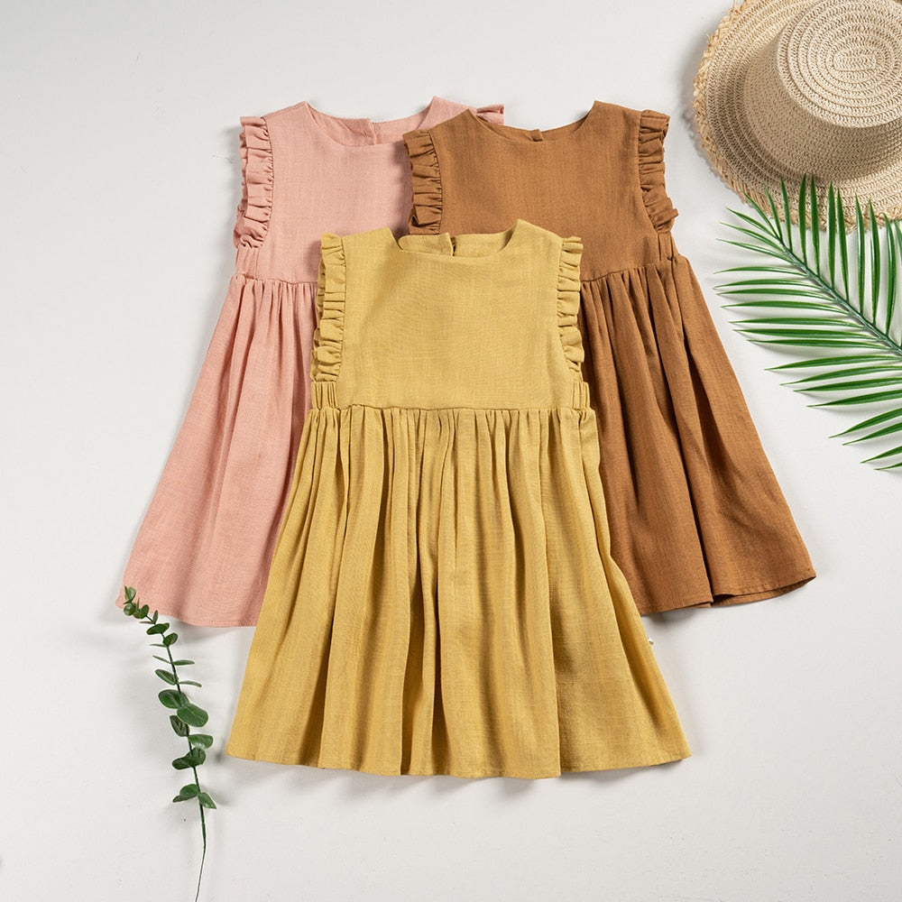 Zaida Solid Cotton Ruffle Sleeve Kids Dresses Sundress