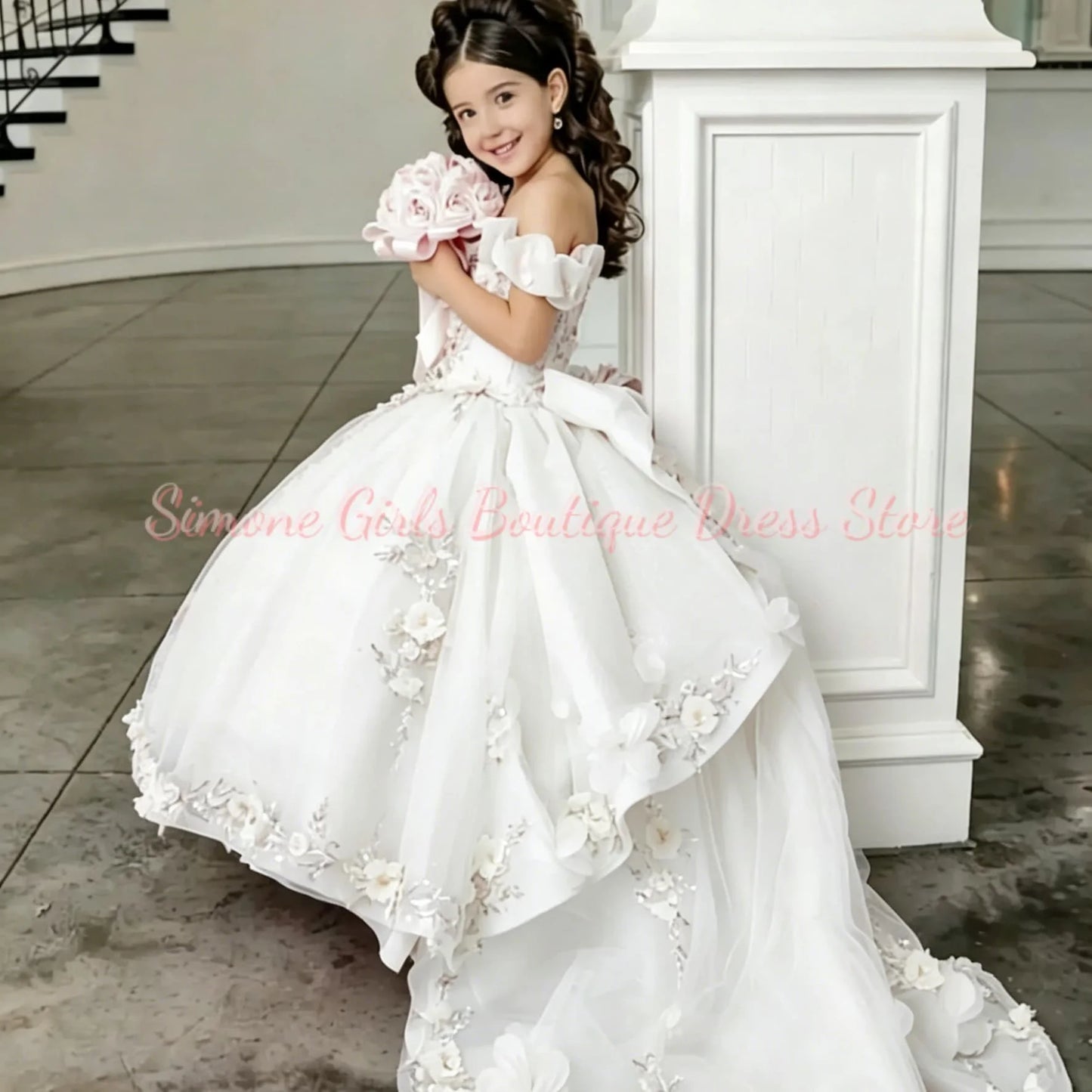 Girl Gown Flower Girl Dress for Wedding Off The Shoulder Applique Tulle Puffy