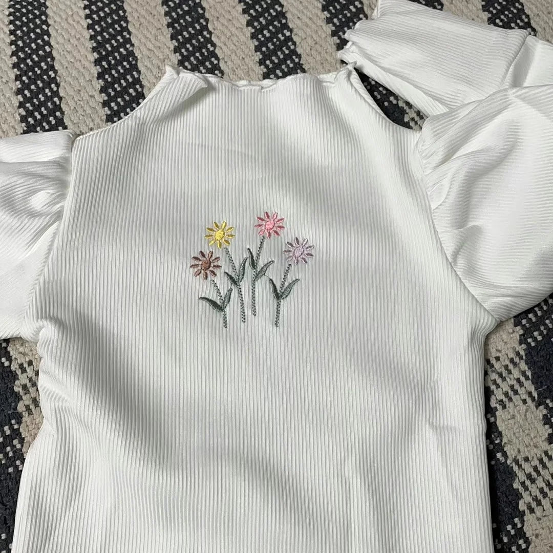 Esther Flower Embroidery Puff Sleeve Tops