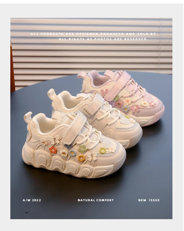 Fashion Leather Sneakers for Girls Children Casual Sports Shoes Floral Pattern Shoes for Kids Comfortable Walking Shoes