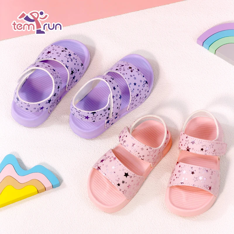 Girls' Shiny Star Outdoor Sandals Summer Printed Soft-Soled Non-slip Slippers Open-Toe Durable Baby Beach Shoes