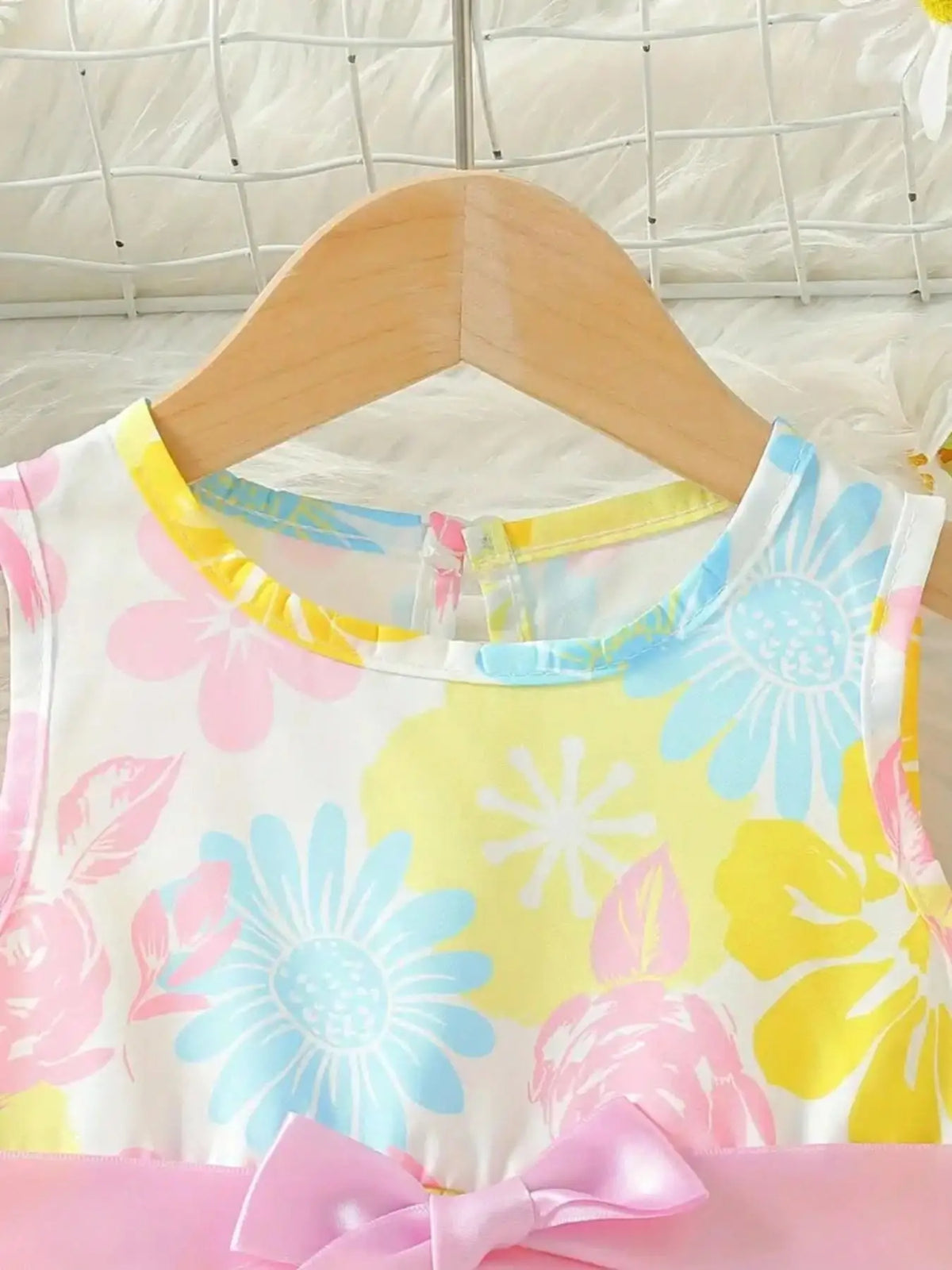 Baby Girl's Floral Print round Neck Sleeveless Dress Pink Bow Waistband Sweet Cute Summer Daily Casual Dress