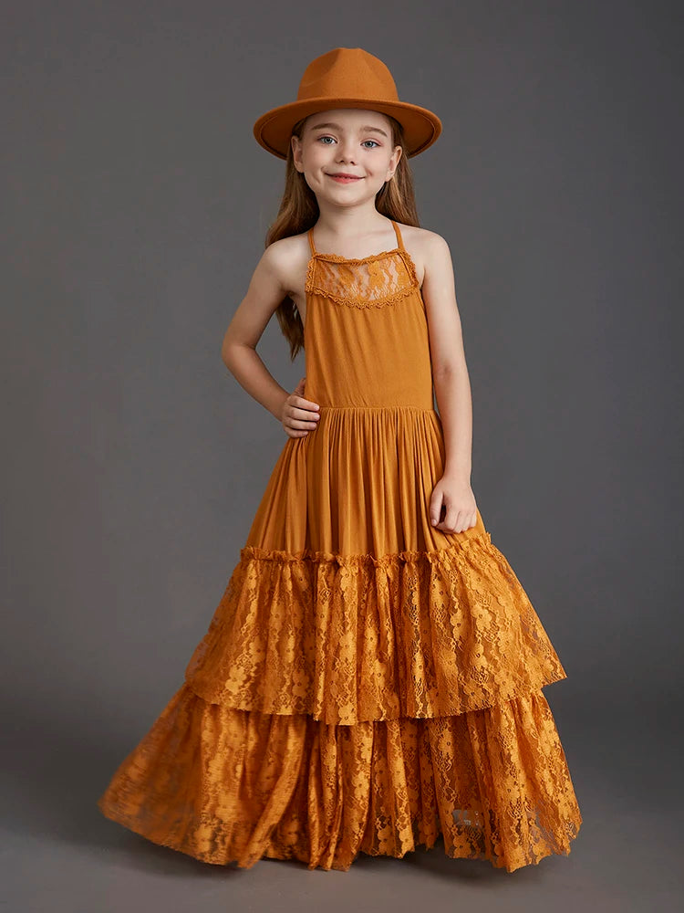 New 2024 Princess Girls Short Sleeve Lace Long Floor Dresses