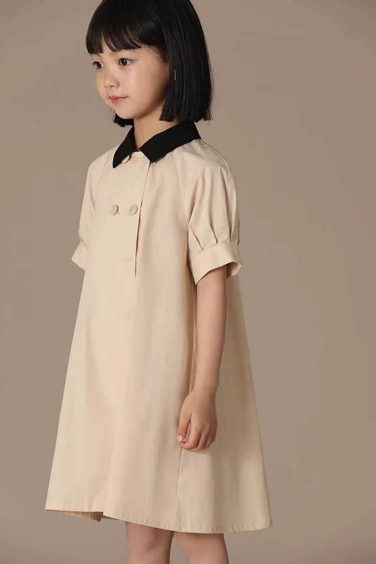 Girls Dress 2025 Spring Summer New Simple Temperament Cotton Contrasting Turn-down Collar Dress