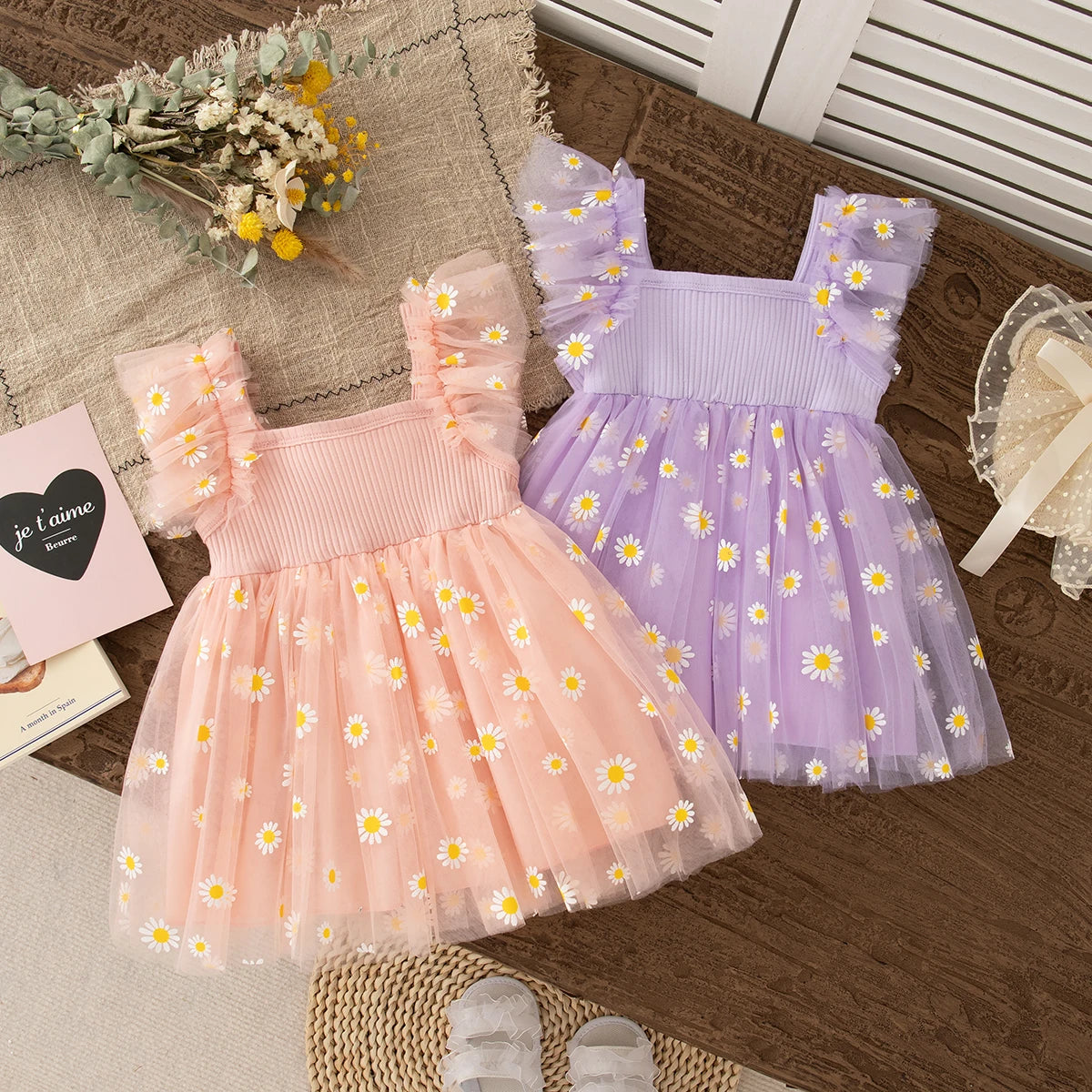 Baby Girl Dress Fashion Daisy Print Mesh Princess Dress Soft Comfortable Baby Outing Dress