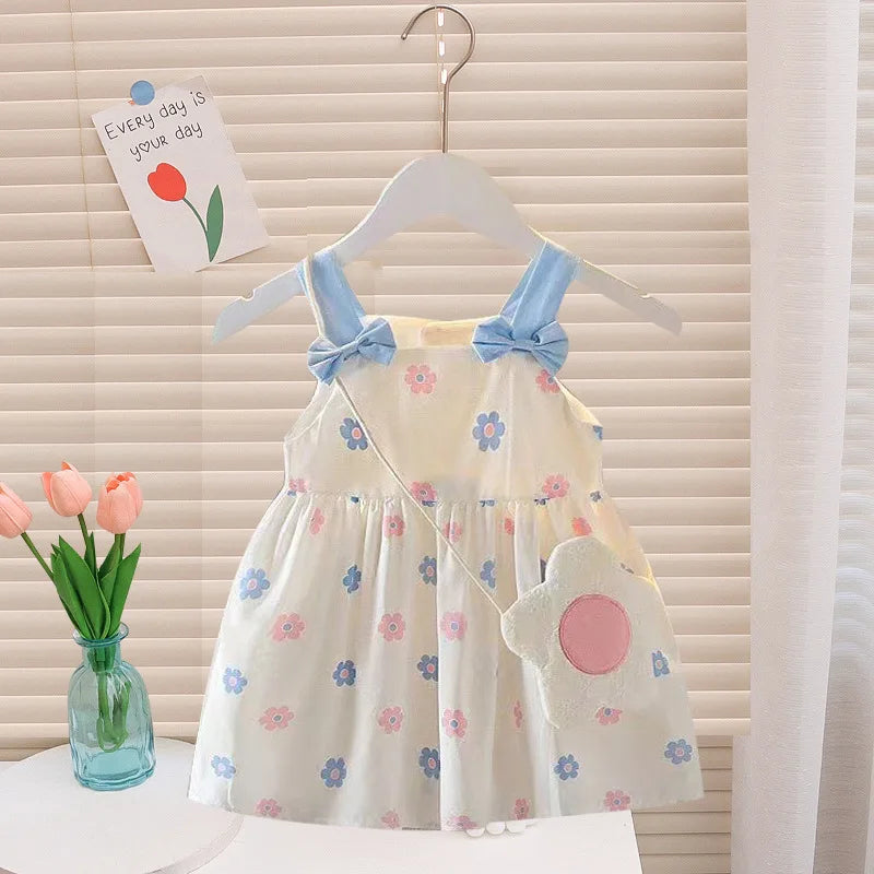 Summer Baby Girls' Dress New 2PCS/Set Cute Bag Kids Fresh Floral Bow Dress
