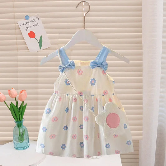 Summer Baby Girls' Dress New 2PCS/Set Cute Bag Kids Fresh Floral Bow Dress