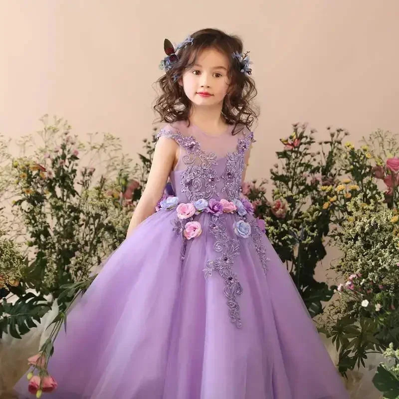 Girls Wedding Flower Girl Dress Sheer Neckline Floral Embroidered Tulle Gown 3D Flower Party Dress