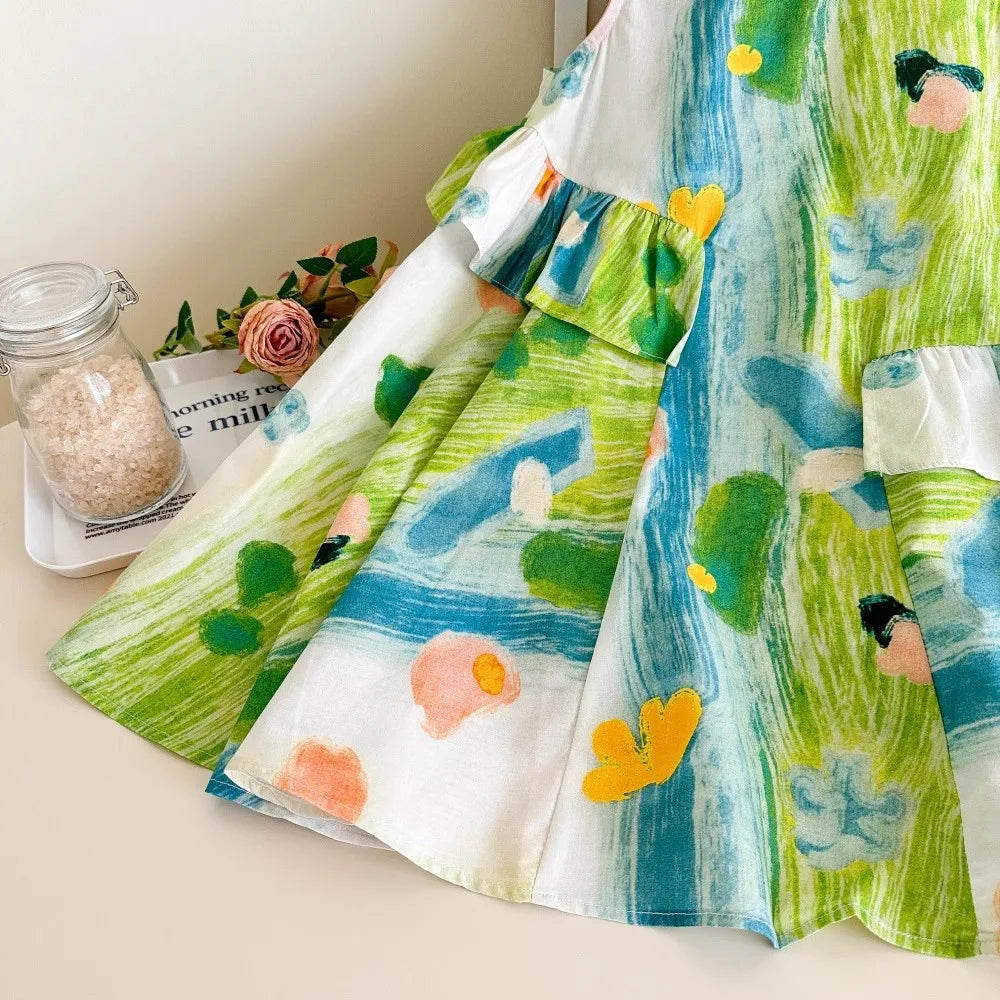 Girls Casual Dresses Flower Printing Ruffled Sleeveless Casual Dress