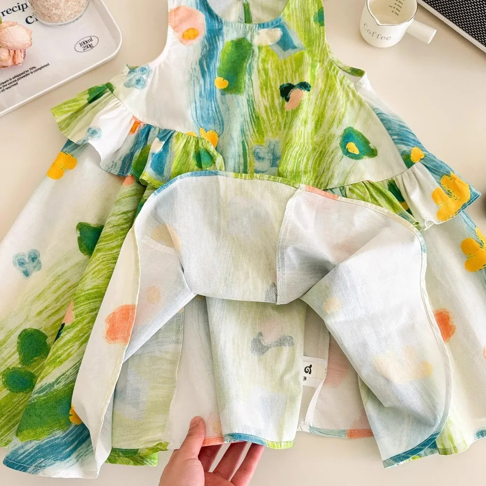Girls Casual Dresses Flower Printing Ruffled Sleeveless Casual Dress