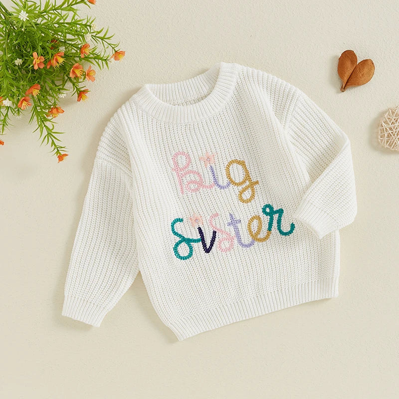 Nahiomy Girls Big Sister Fall Winter Sweater Casual Letter Flower Embroidery