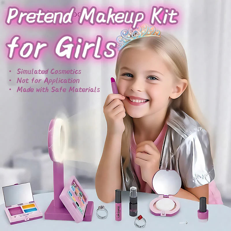 Girls' Pretend Play Makeup Kit, Ages 3+, Realistic Cosmetic Game Set with Illuminated Makeup Light - Ideal Gift for Birthday
