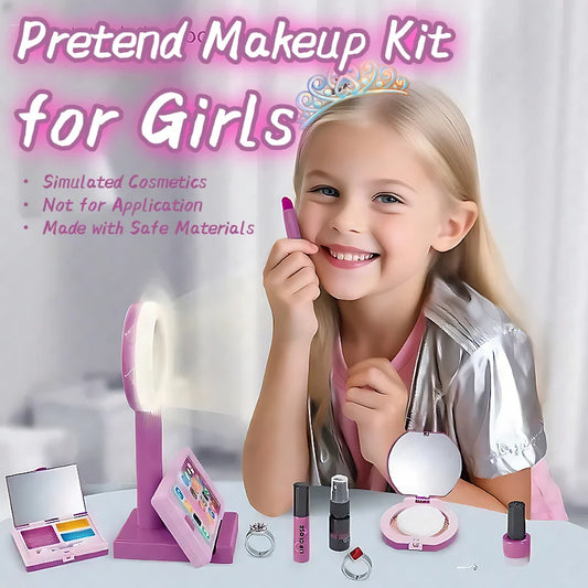Girls' Pretend Play Makeup Kit, Ages 3+, Realistic Cosmetic Game Set with Illuminated Makeup Light