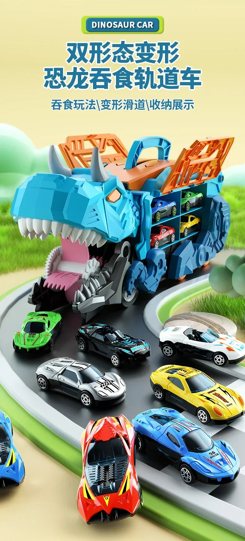 Dinosaur Toys for Kids Boys Ages 3-5, Car Track Set Dinosaur Transport Truck with Diecast Cars