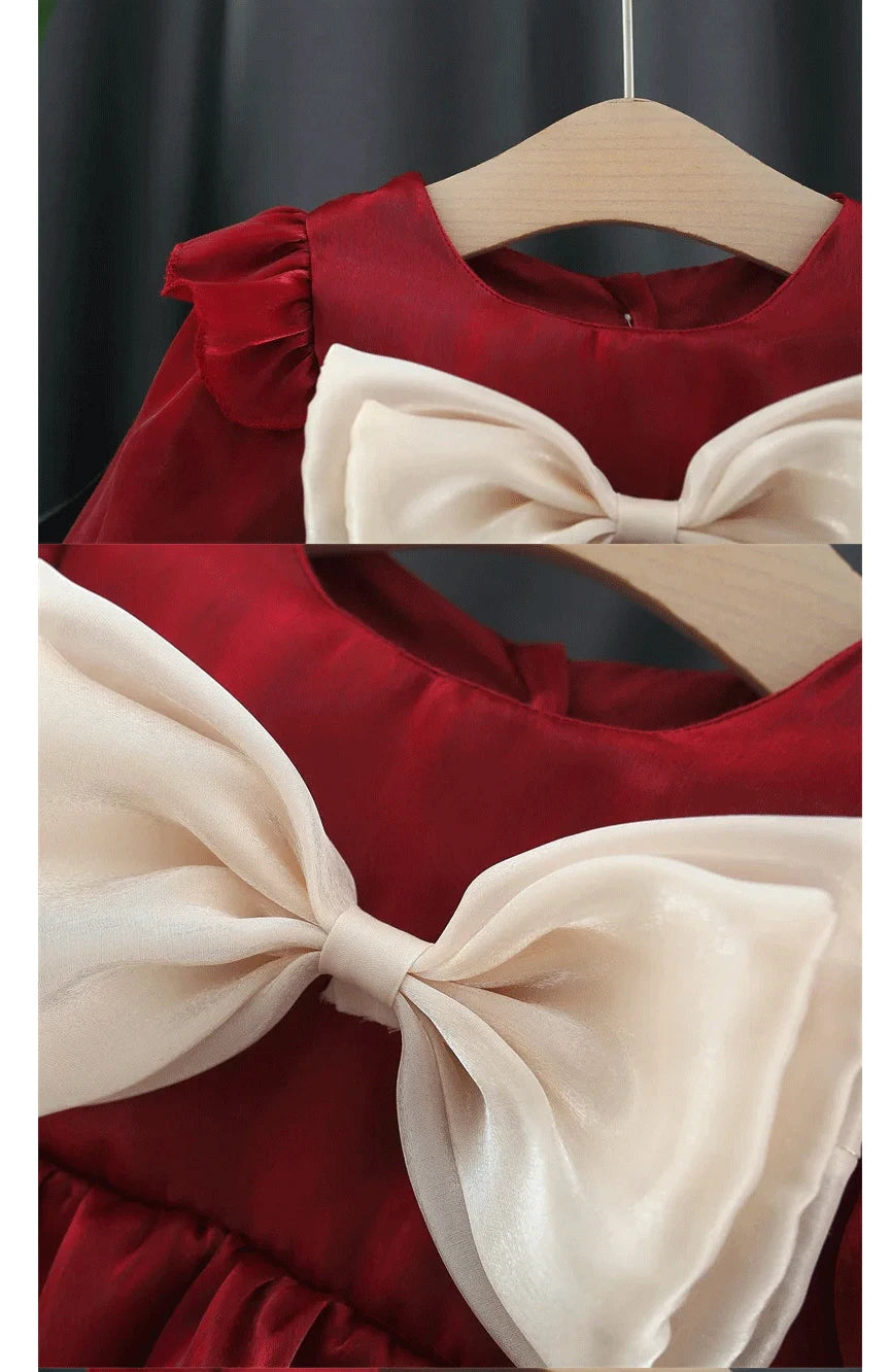 Baby Girl Cute Costume Fall 2024 Children Mesh Cotton Dress with Long Puff Sleeve Princess Dresses Spring Bow Dress for Girls