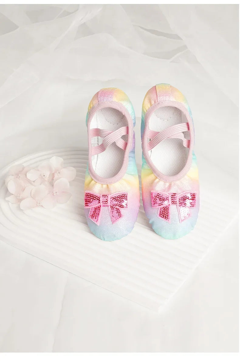 Children's Dance Shoes Girls Ballet Flats Shoes Rainbow Bow Sequins Leather Soft Soled
