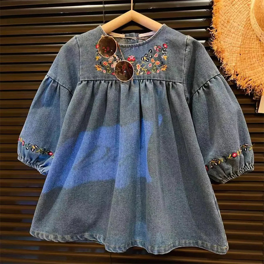 Humor Bear Kids Clothing Autumn Round Neck Floral Embroidered  Dress