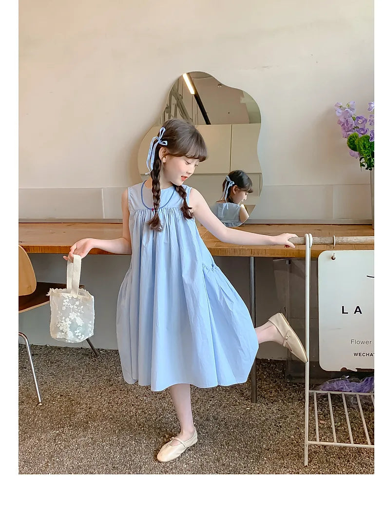 Ana Summer Junior Girl Sleeveless Dress Solid Side Cotton Dress
