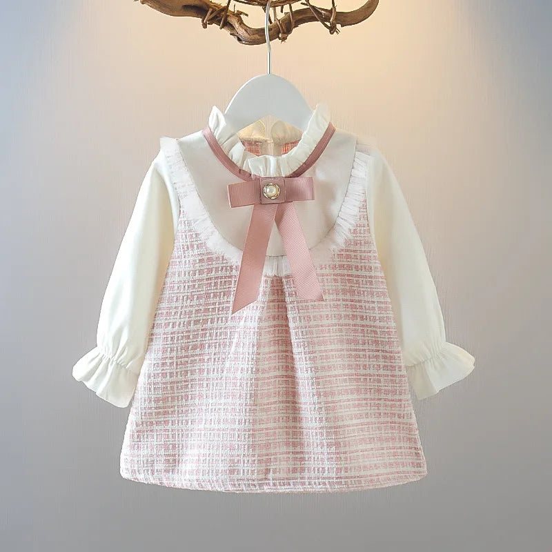 Baby Girl Dresses Spring/Fall Bow-Tie Plaid Long-Sleeve Girls' Dress Adorable Princess Baby Dress