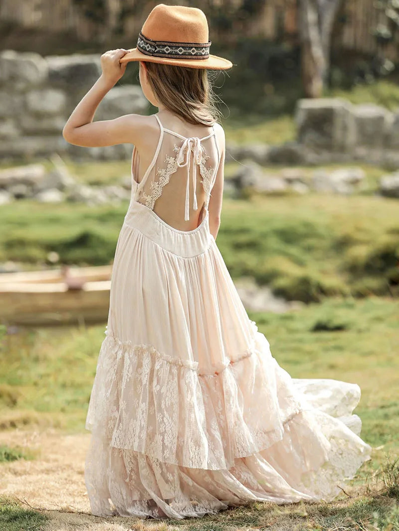 Plus Size Princess Girls Lace Long Dresses Baby Kids Flower Wedding Party