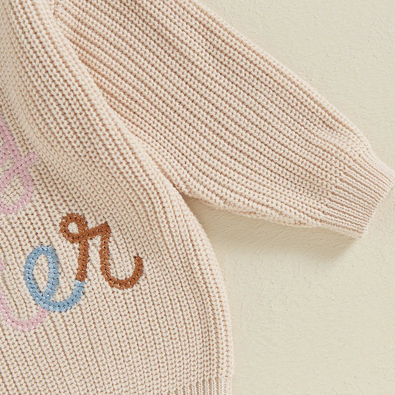 Nahiomy Girls Big Sister Fall Winter Sweater Casual Letter Flower Embroidery