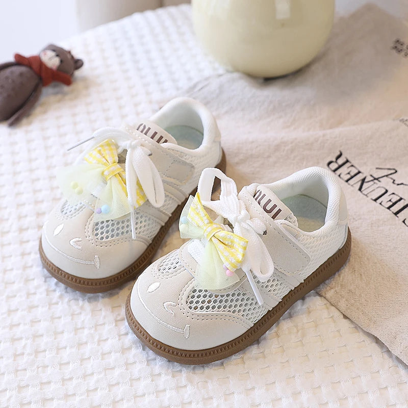 Girls Casual Shoes Spring Summer Children Hollow Sneakers with Cut-outs Breathable Holes Cute Bow-knot Soft Comfortable Sweet