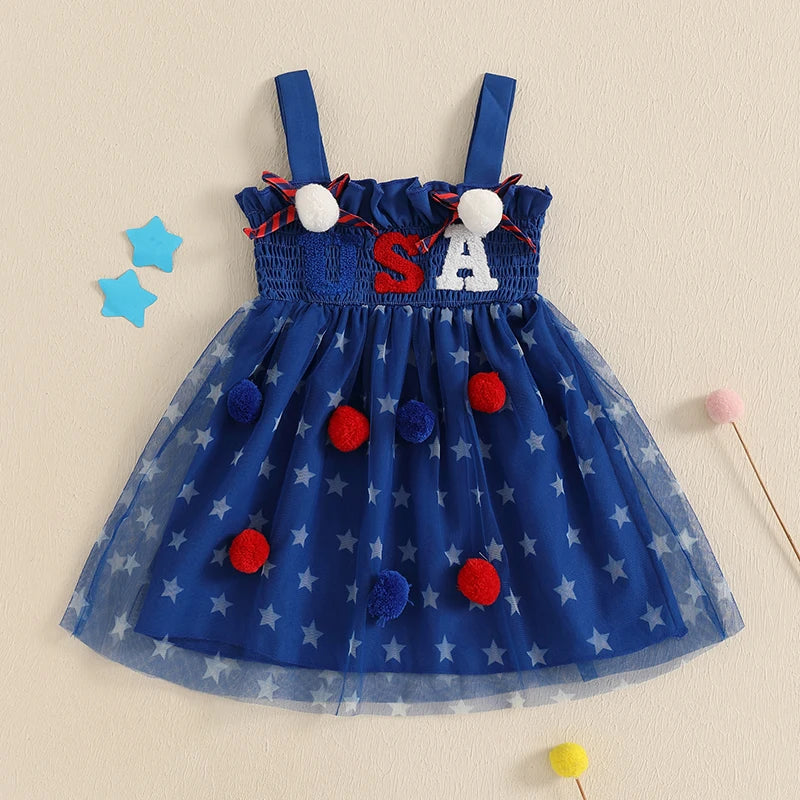 Cute Toddler Independence Day Outfit Red White Blue Striped Ruffle Sleeveless Dress