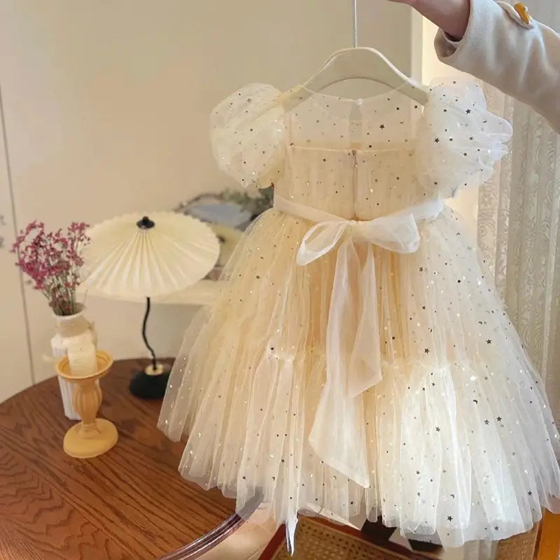 Summer Dresses Girls' Elegant Dress Girl Baby Bubble Sleeve Mesh Sequin Dress