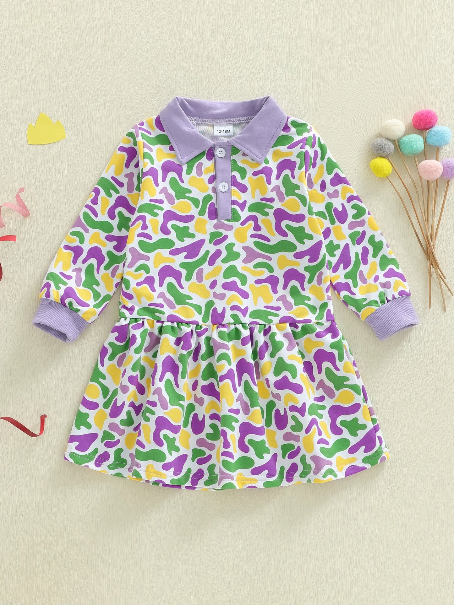 Toddler Baby Girl Mardi Gras Dress Camouflage Turn Down Neck Long Sleeve Dress
