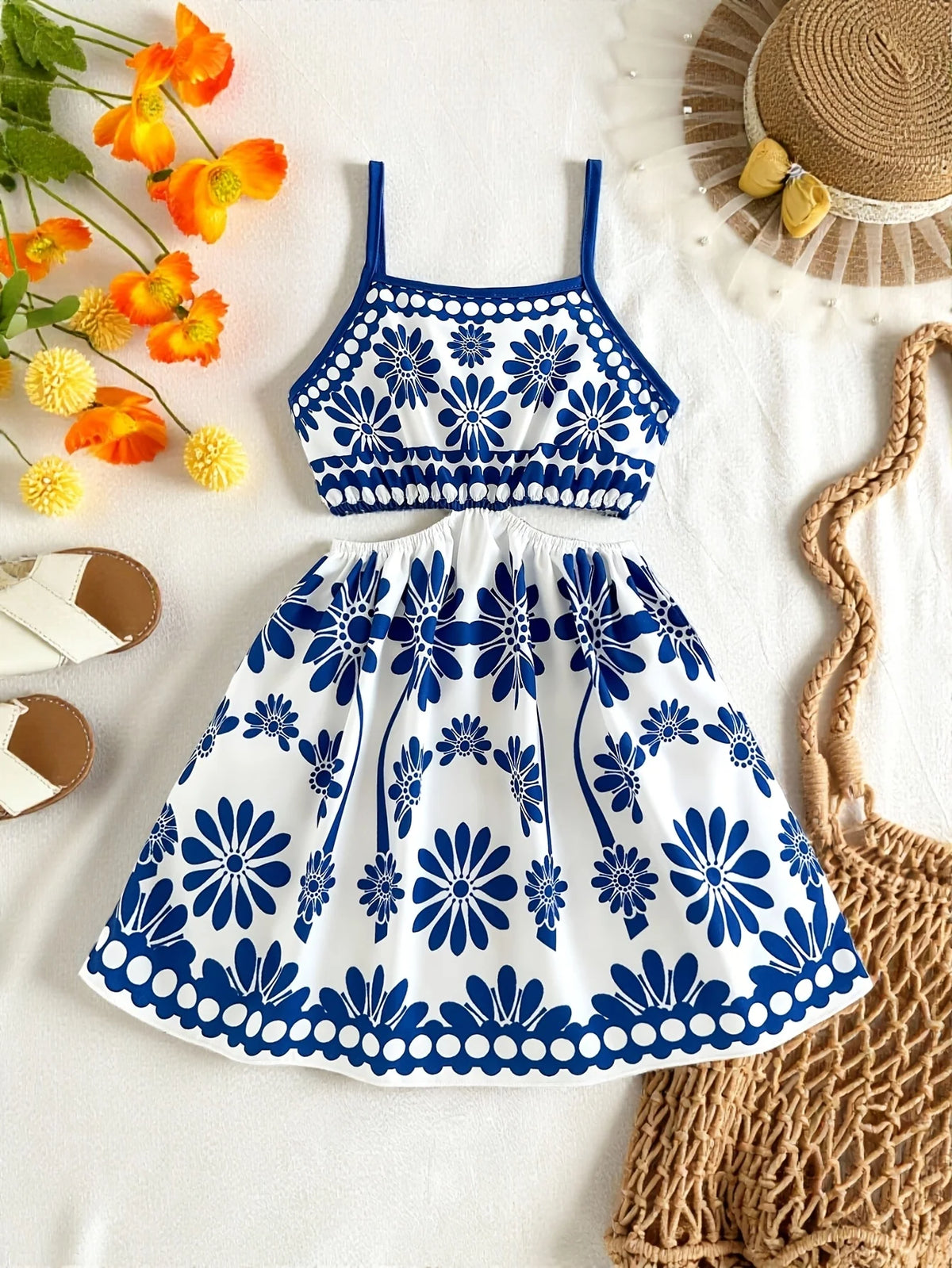 Girls' Summer Casual Dress, New Blue and White Floral Print Design, Hollow-Out Strap Dress