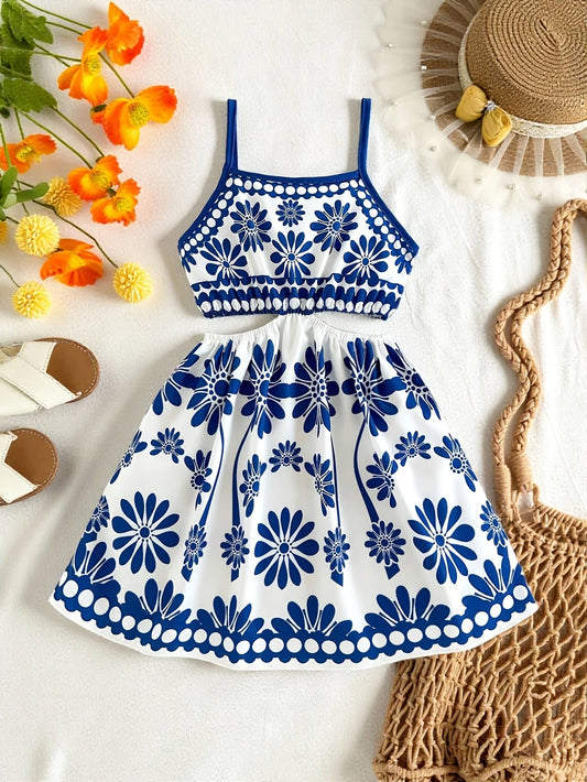 Girls' Summer Casual Dress, New Blue and White Floral Print Design, Hollow-Out Strap Dress
