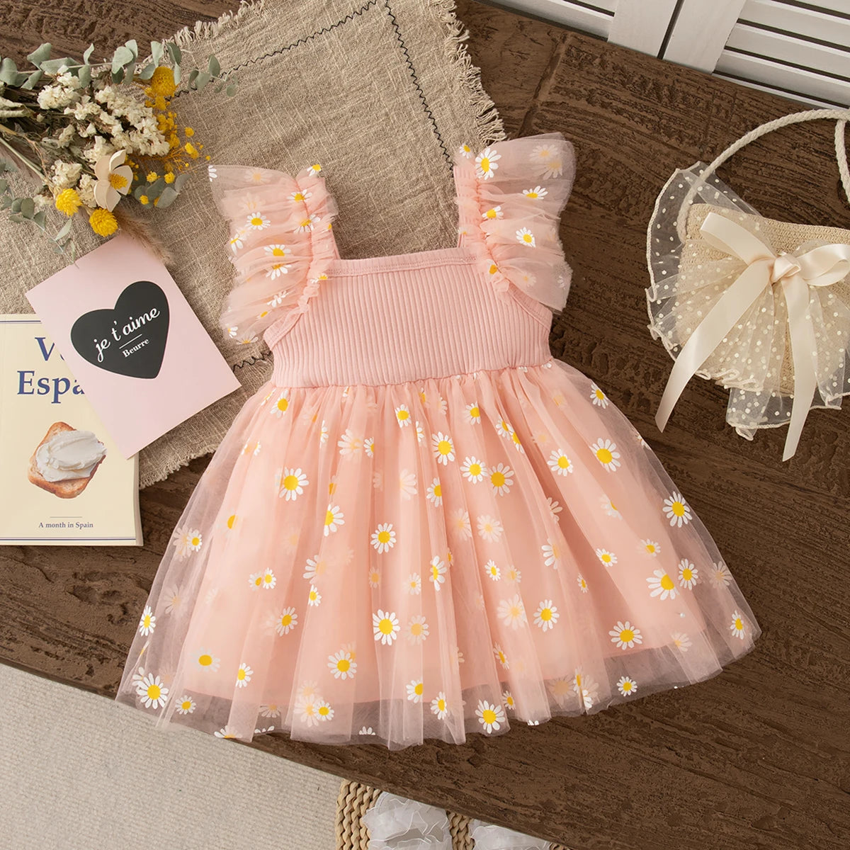 Baby Girl Dress Fashion Daisy Print Mesh Princess Dress Soft Comfortable Baby Outing Dress