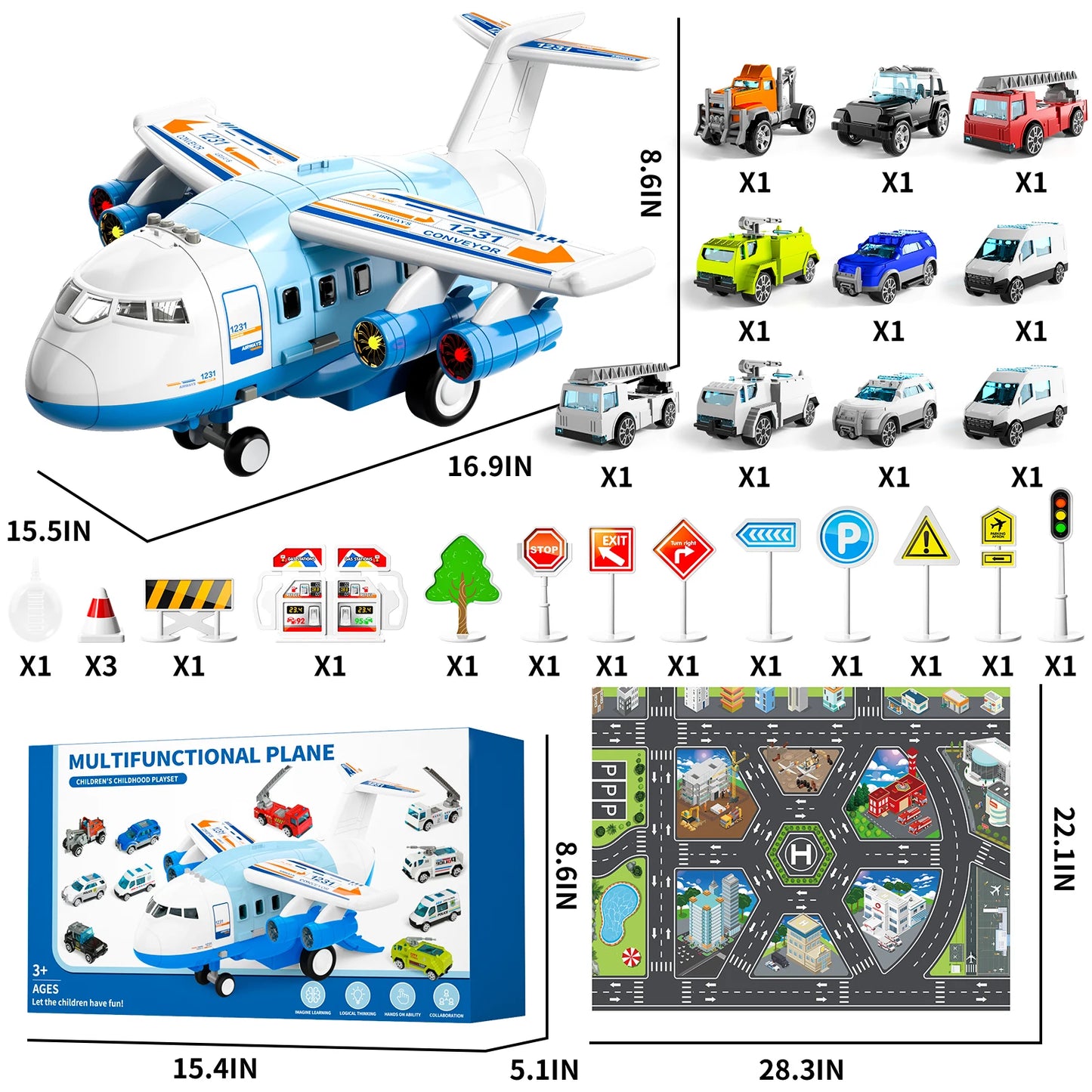 Kids Airplane Toy Set With Fire Trucks For Ages 4-8